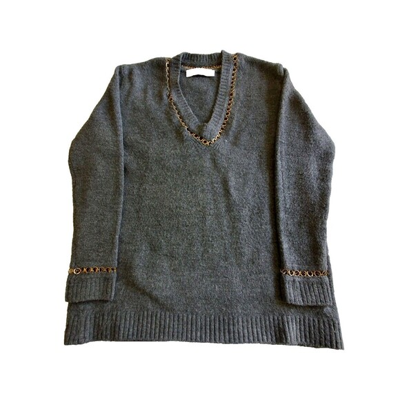 Zara women's sweater, V neck, Gray, Small, with Brass trim, neck & Cuffs - Picture 1 of 13